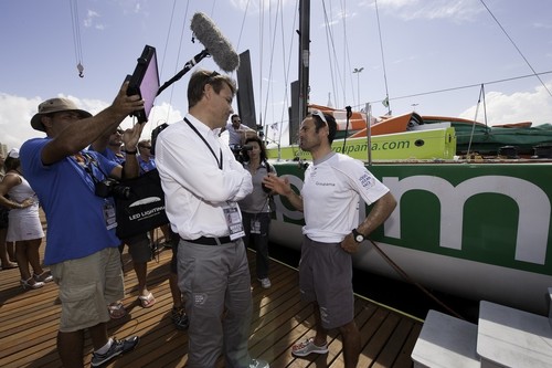 Groupama Sailing Team, skipper Franck Cammas from France, is interviewed with Volvo Ocean Race CEO, Knut Frostad, on the dock after finishing leg 5 of the Volvo Ocean Race 2011-12, from Auckland, New Zealand to Itajai, Brazil.  © Paul Todd/Volvo Ocean Race http://www.volvooceanrace.com